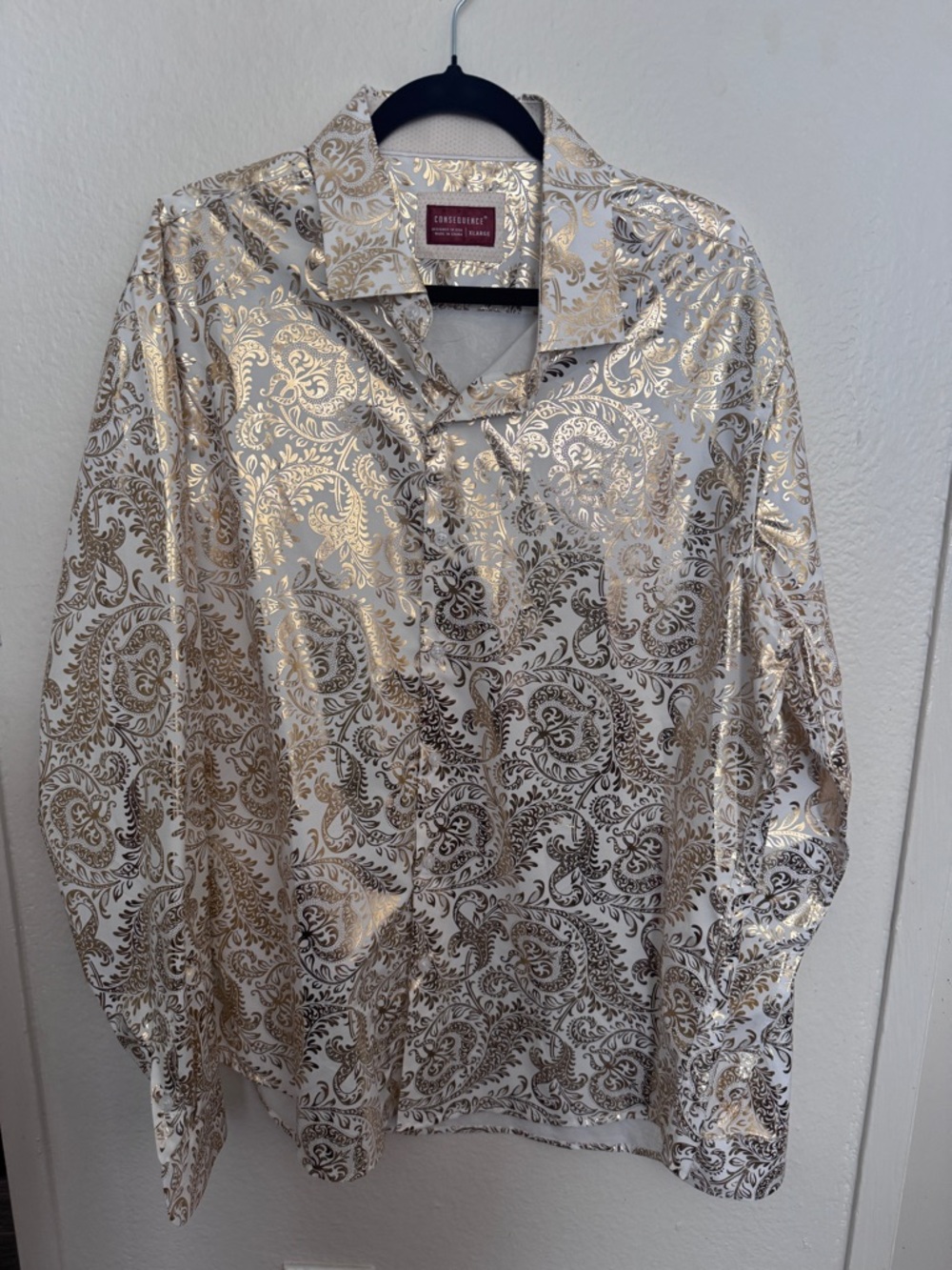 Paisley Metallic Button-Down Shirt in Gold on Cream - Consequence XL